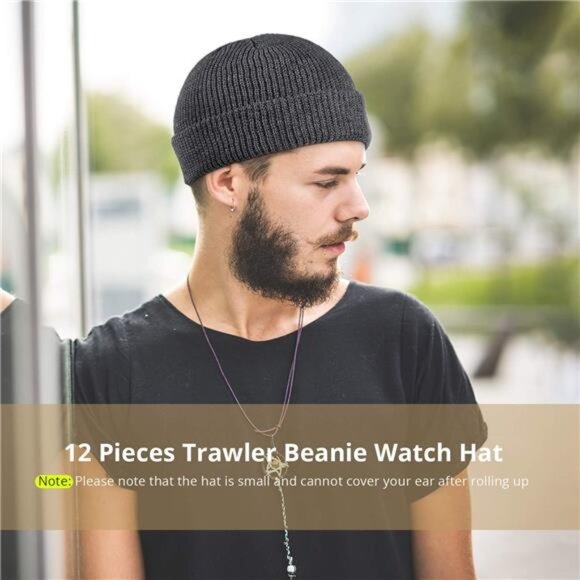 12 Pieces Trawler Beanie Hats Knit Cuff Beanie Roll-Up Edge Skull Cap Fisherman - Picture 5 of 7
